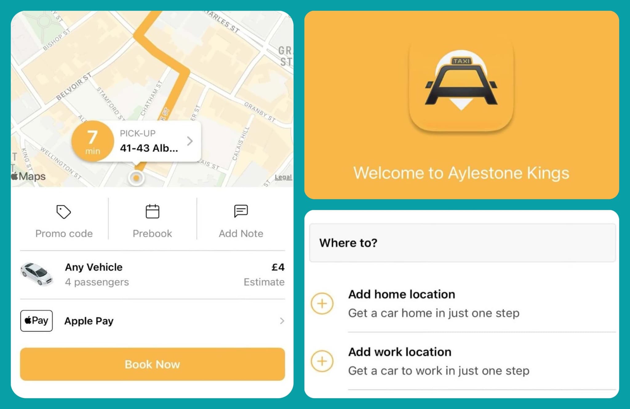 Aylestone Kings mobile app screenshot showing real-time taxi tracking and booking features for Leicester customers
