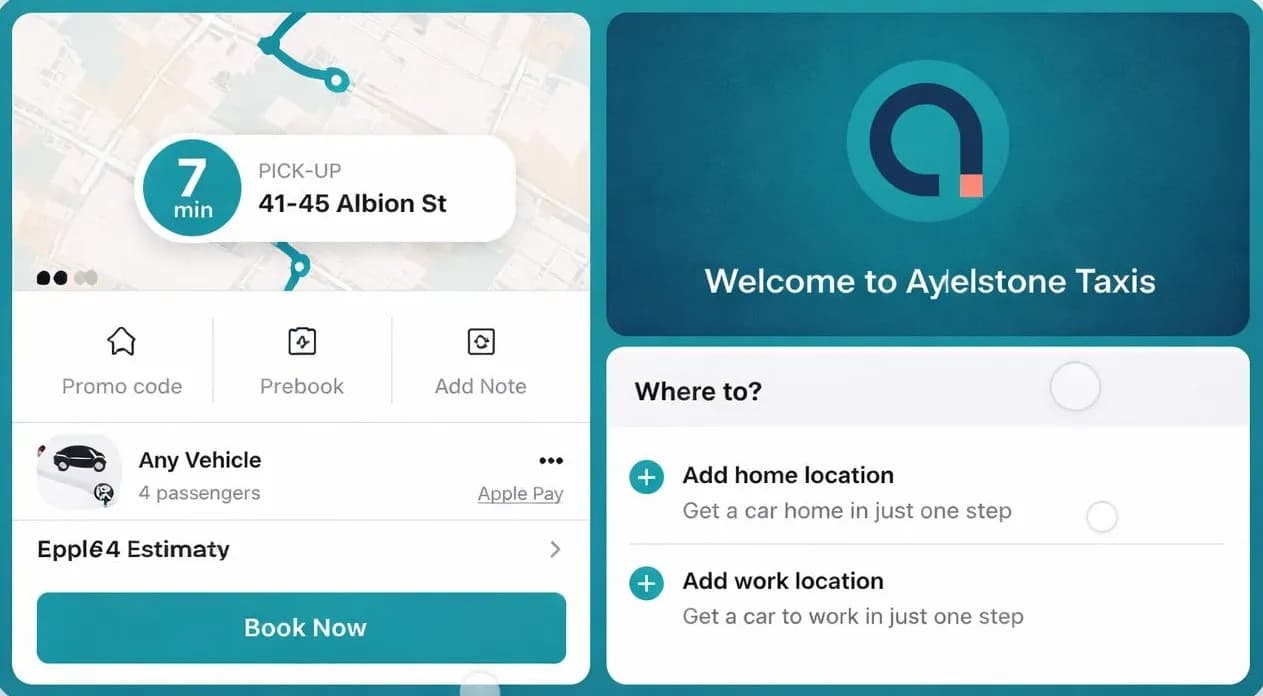 Aylestone Kings mobile app screenshot showing real-time taxi tracking and booking features for Leicester customers